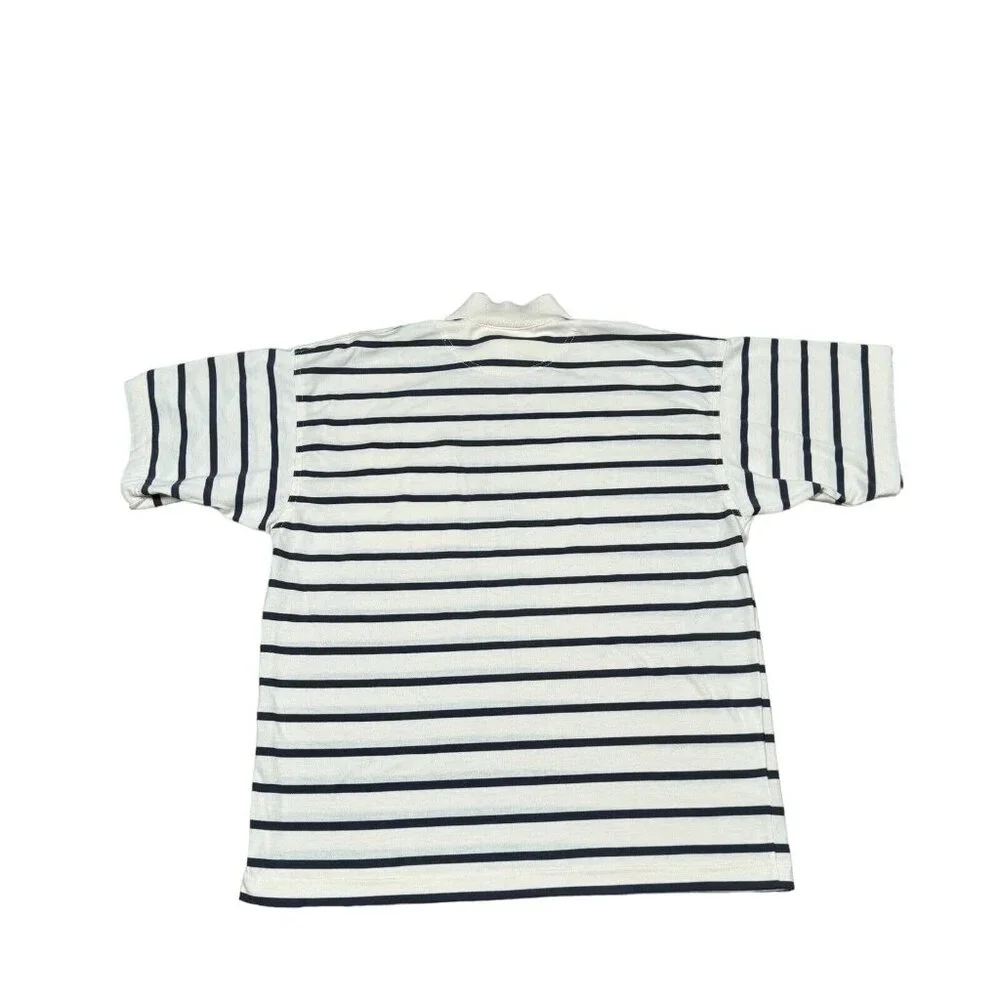 Vintage Nike‎ Gray Tag Striped Collared T-Shirt w Pocket Sz L in Cream, Navy
